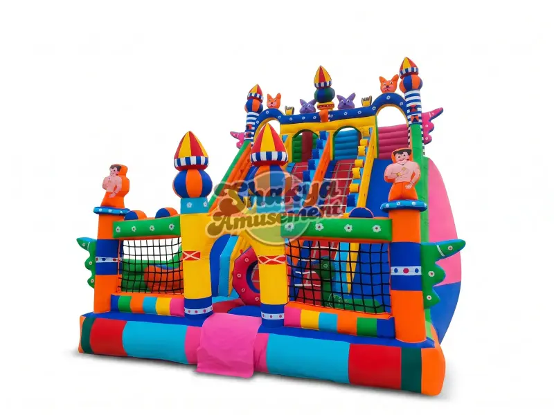 18x26 Ft 4-Lane Cartoon Castle Bouncy with Turrets & Netted Play Area (SB182624004A)