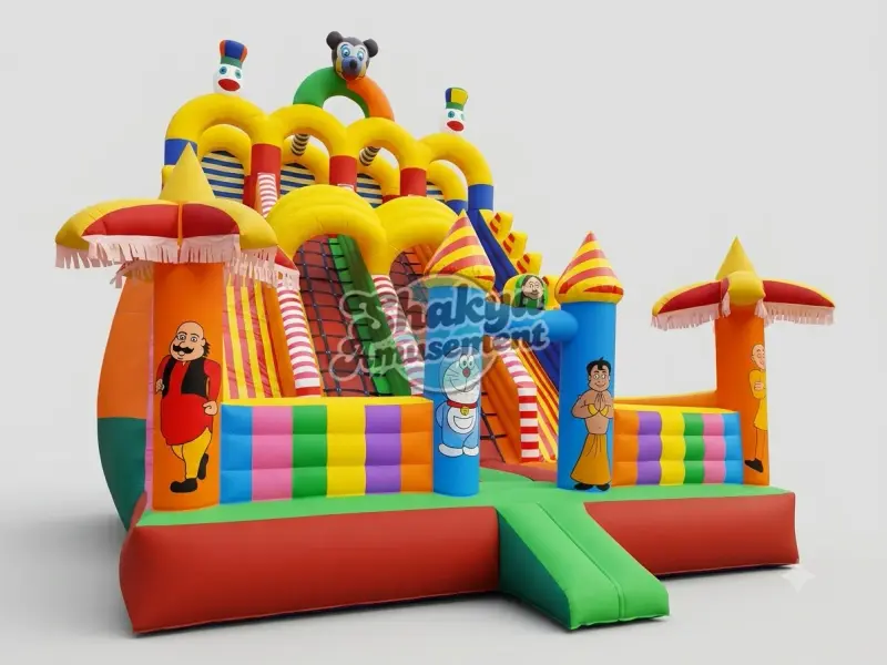 18x26 Ft 4-Lane Cartoon Theme Bouncy Slide with Side Bouncer (SB182624001A) - Commercial Inflatable Bounce Castles Manufacturer Delhi