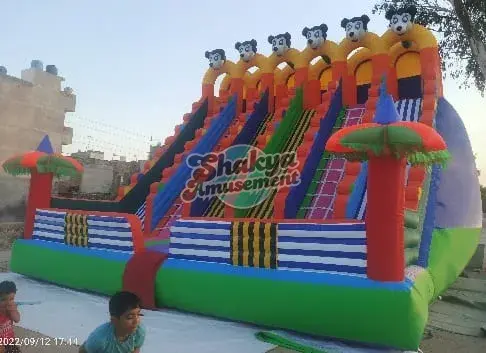 26x24 Ft 6-Lane Mickey Mouse Bouncy Slide – Blue Stripe Walls & Green Base (SB262422003A)