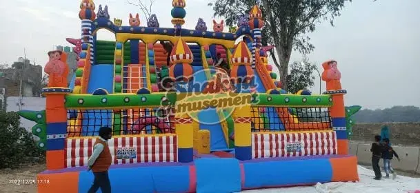 26x26 Ft 6-Lane Cartoon Castle Play Zone Bouncy with Climbing Nets (SB262622007A)