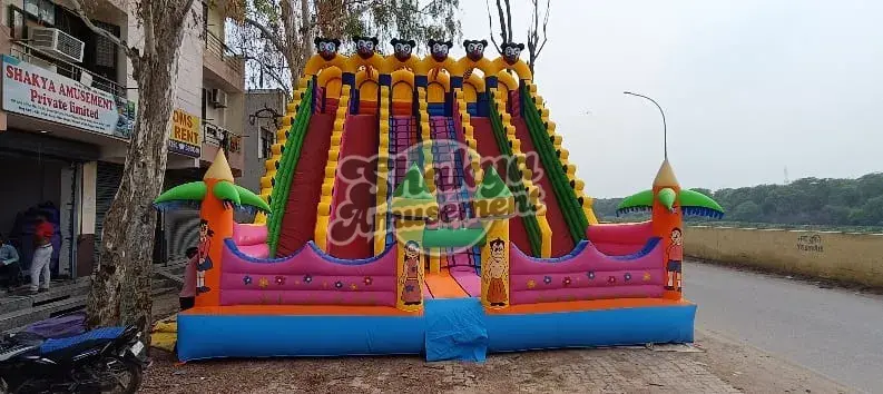 26x26 Ft 6-Lane Mickey Mouse Bouncy Slide – Palm Towers & Pink Entry (SB262622004A)